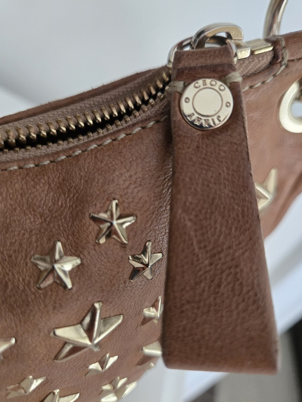 Authentic JIMMY CHOO Sky Star Studded Camel Leather Hobo Sloutch Satchel - Picture 12 of 16